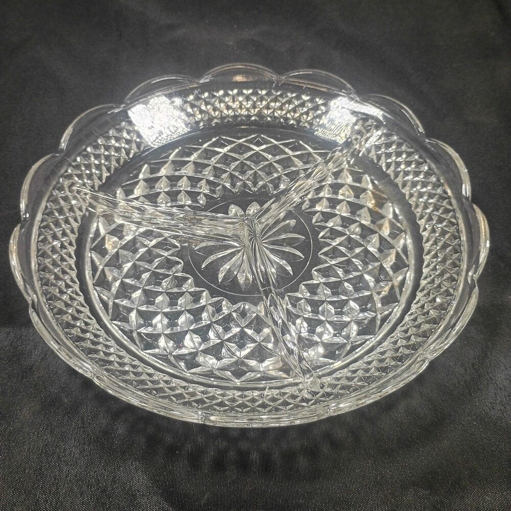 Vintage Anchor Hocking Wexford Clear Glass 3 Part Divided Relish Dish USA